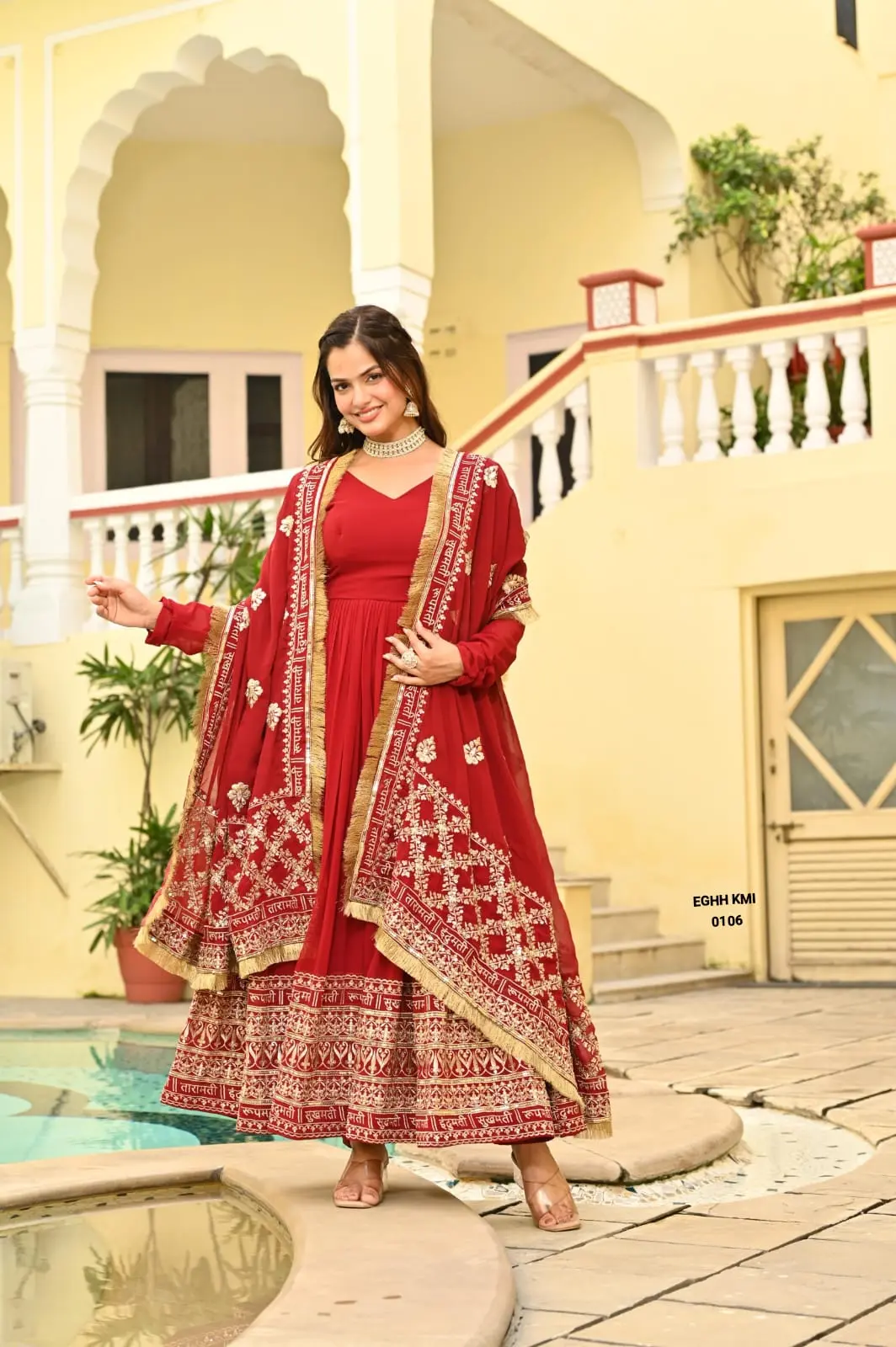 Premium Embroidered Flared Anarkali Suit Set with Dupatta – Red & Gold
